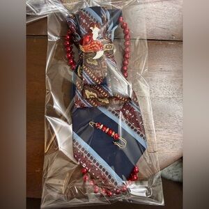 Upcycle Elegant Paisley Fox Necktie Set with Red Beads